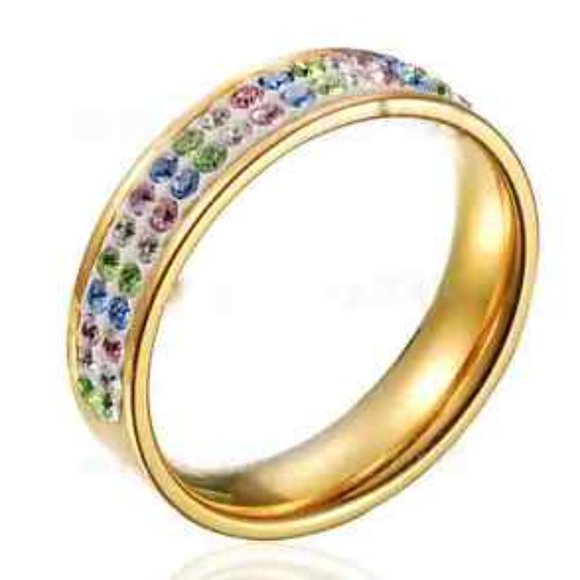 Gold Eternity Band Ring Size 6 8 9 10 11 Pink Blue Green Plated Stackable - Picture 4 of 10
